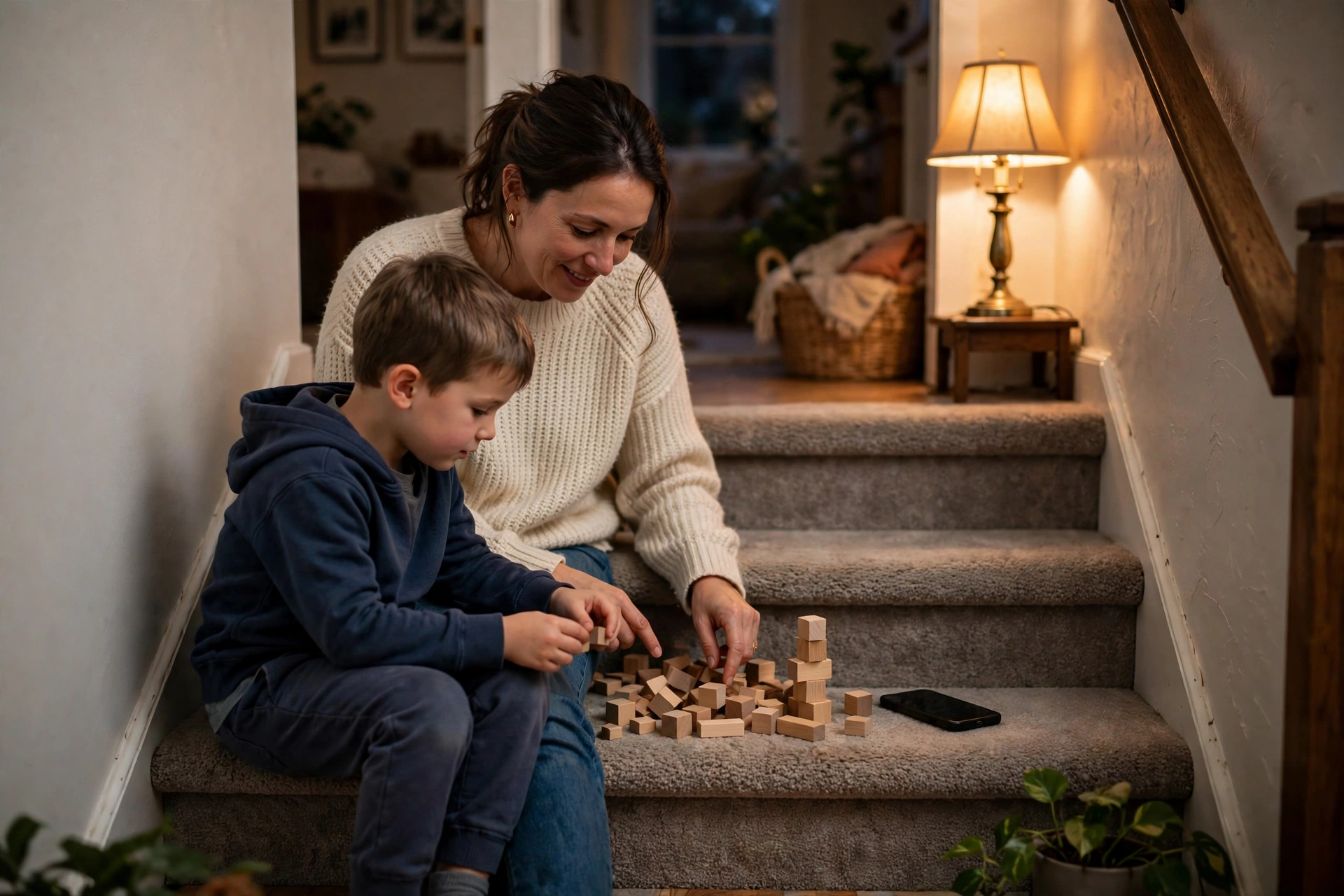 A mother and her son on the stairs at home, counting wooden blocks together