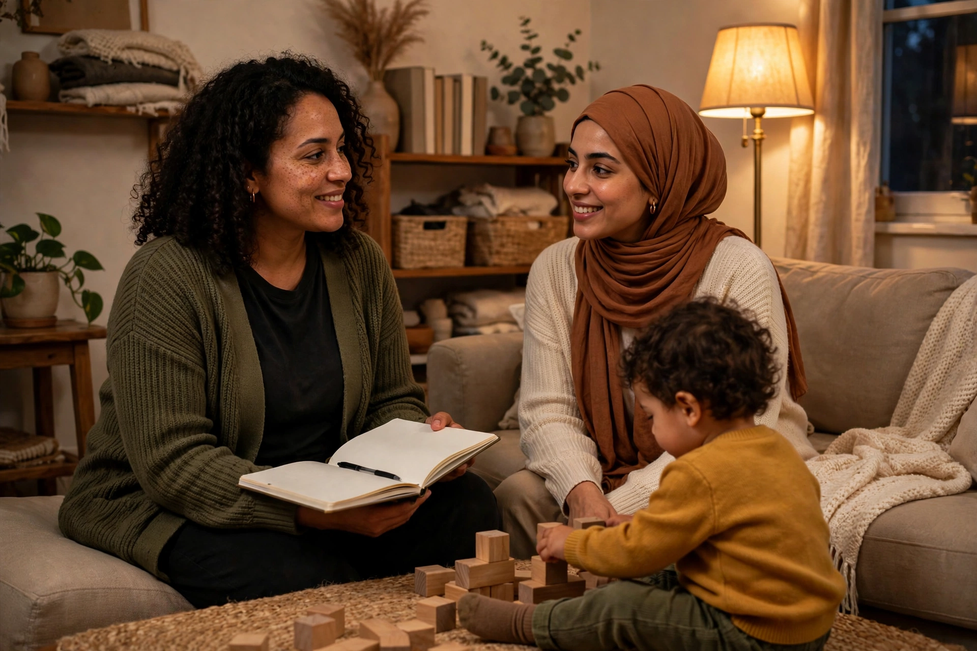 A family advocate with an open notebook talking with a mother in her living room while her toddler plays with wooden blocks